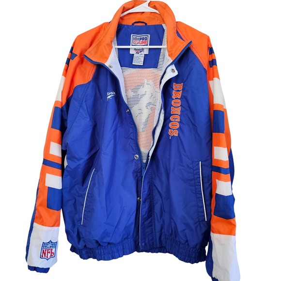 Vintage Reebok NFL Pro Line Denver Broncos Windbreaker Jacket Blue Orange Mens L